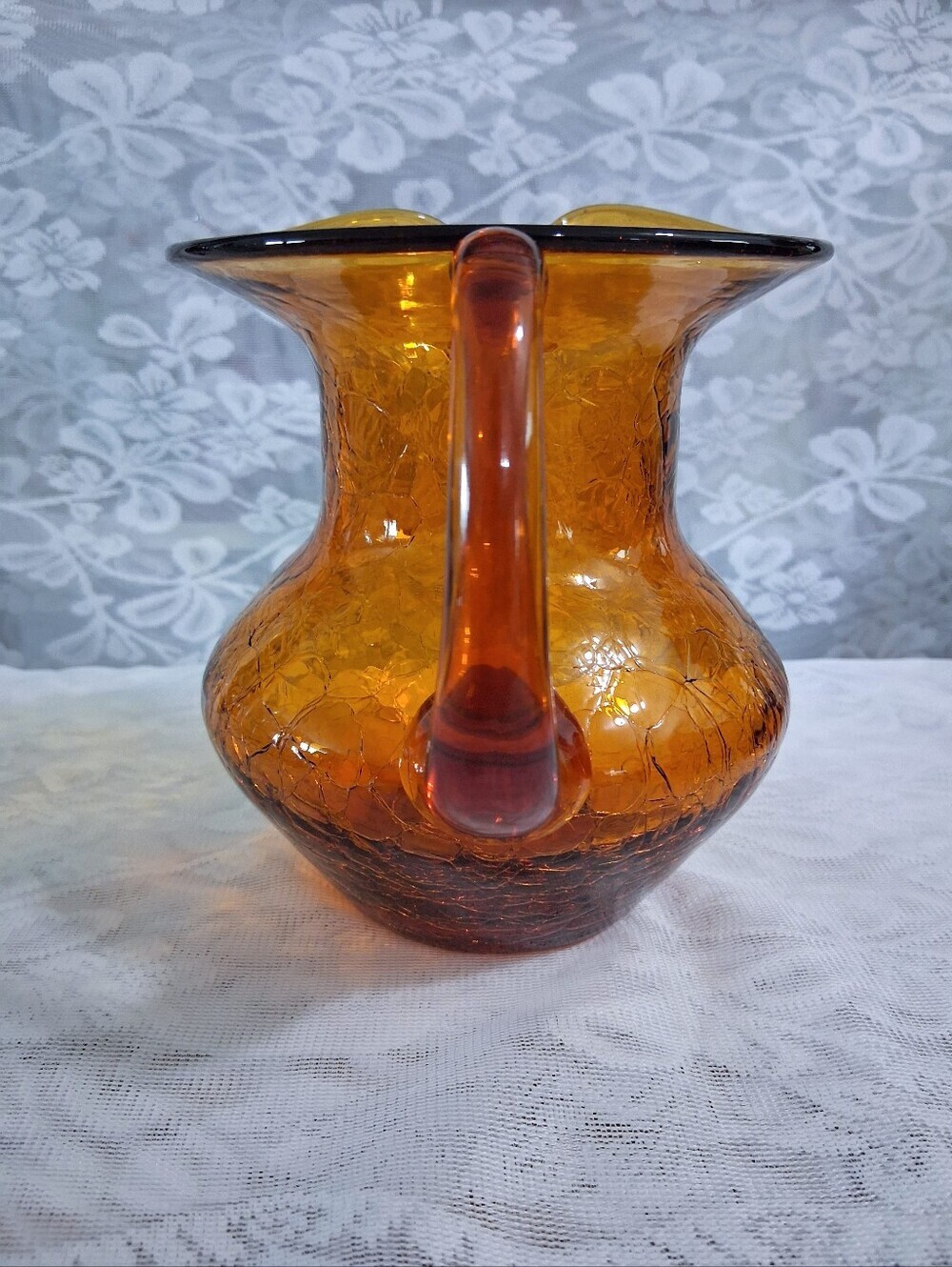 Vintage Mid-Century Amber Art Glass Pitcher Crackle Finish Medium Size MCM - Picture 9 of 16